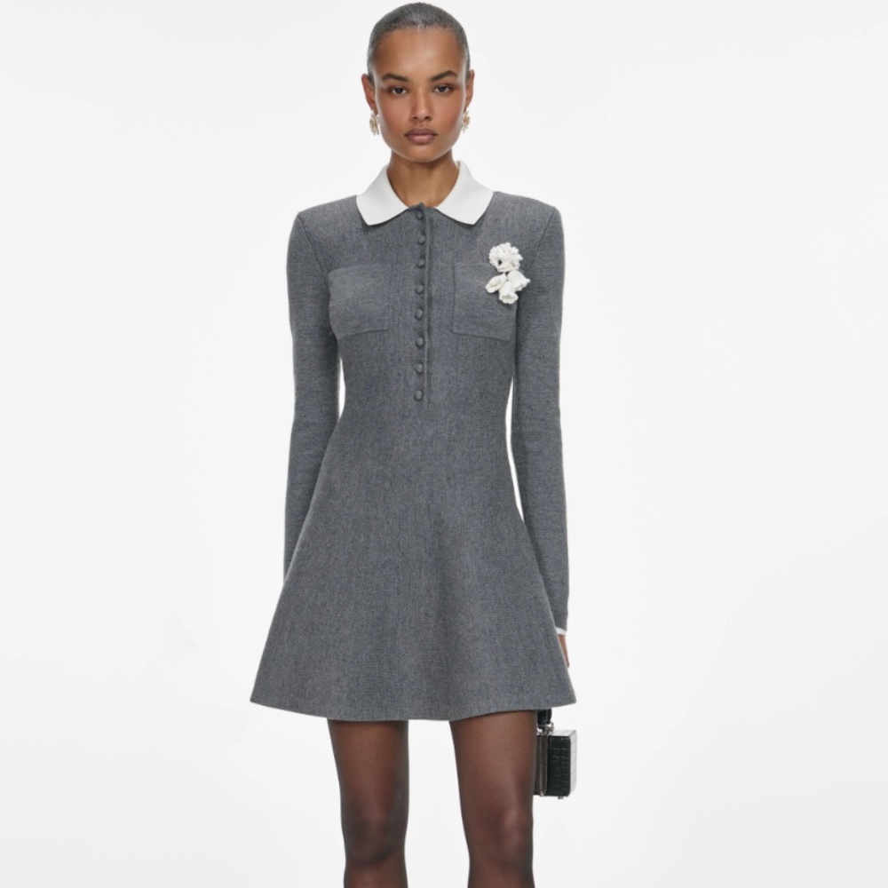 self-portrait Grey Crochet Flower Collared Knit Mini Dress MSRP $595 - Size XS